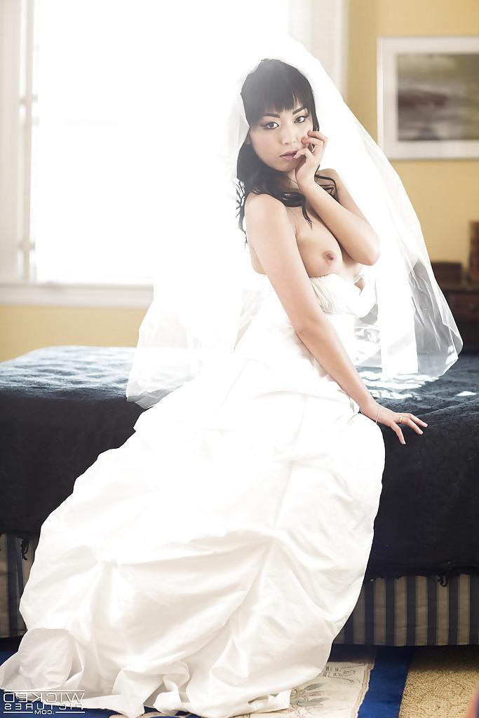 16P Hot Asian pornstar Marica Hase posing topless in wedding dress