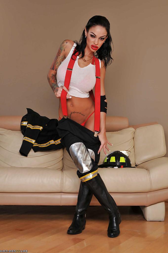 16P Busty babe in fire uniform Angelina Valentine stripping and spreading her legs