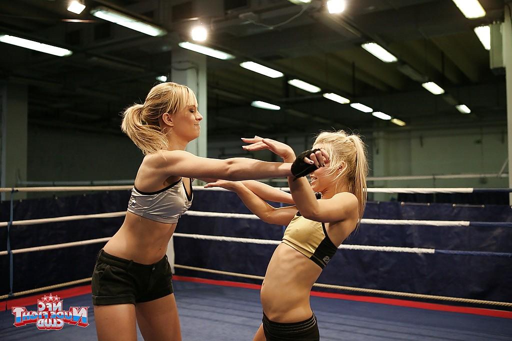 16P Pretty lesbians gasping and stripping each other in the wrestling ring