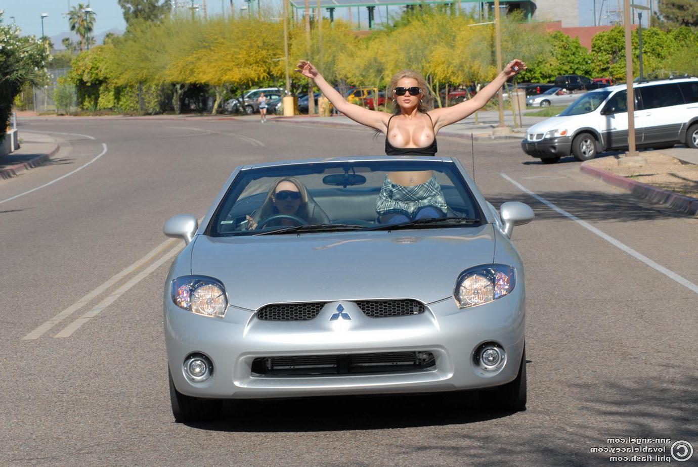 16P Pictures of Ann Angel and Lovable Lacey flashing their titties outside
