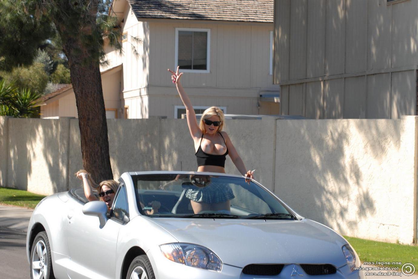 16P Pictures of Ann Angel and Lovable Lacey flashing their titties outside