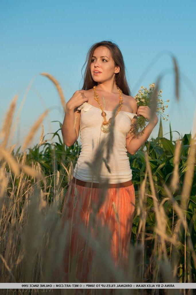 17P Pretty girl Arina G shows off her hairy pussy for you in a field