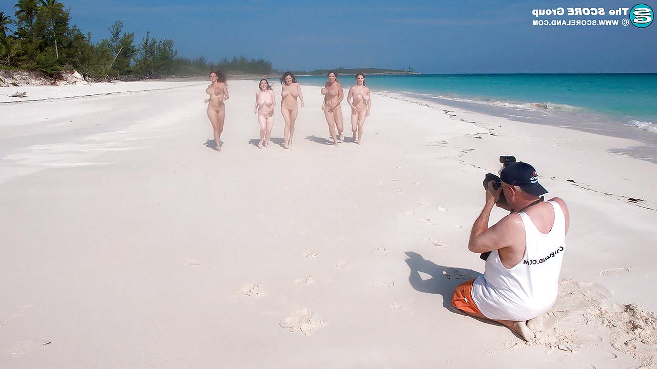 16P Hot MILF women stripping bikinis to bare big tits on the beach