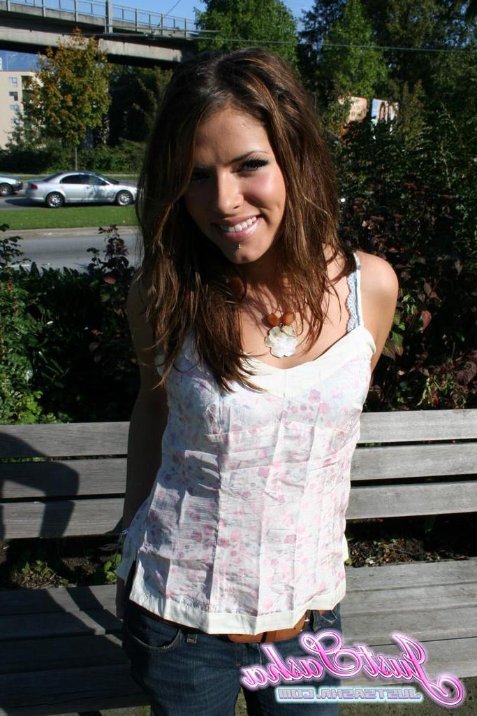 20P Pictures of teen hottie Just Sasha teasing and flashing outside