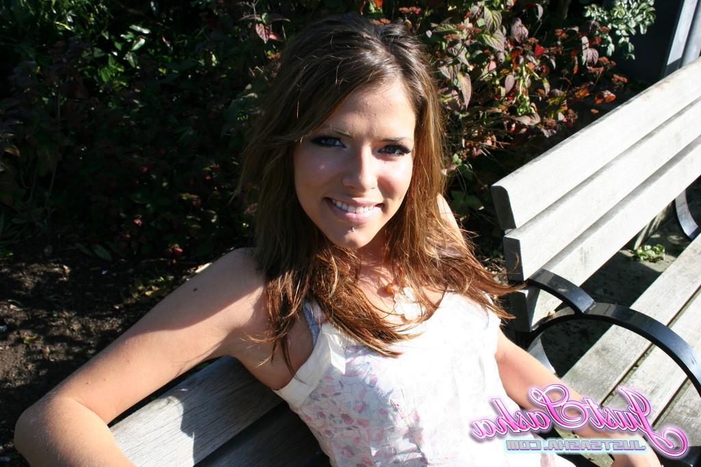 20P Pictures of teen hottie Just Sasha teasing and flashing outside