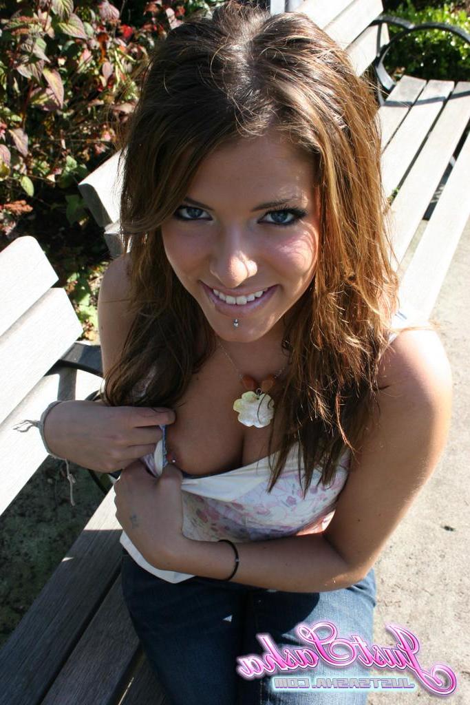 20P Pictures of teen hottie Just Sasha teasing and flashing outside