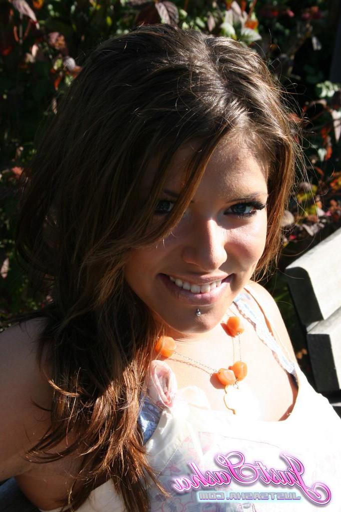 20P Pictures of teen hottie Just Sasha teasing and flashing outside
