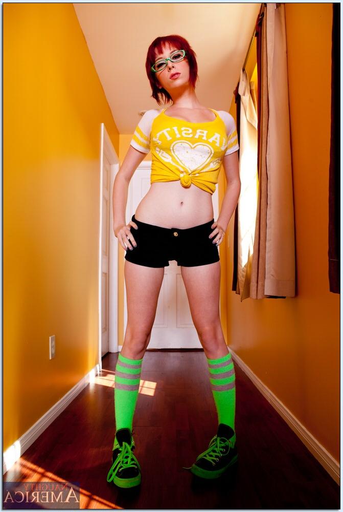 16P Redhead coed in glasses Zoey Nixon stripping off her clothes