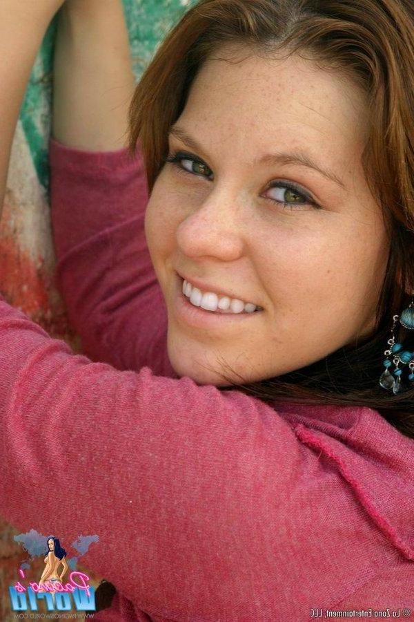 15P Pictures of cute teen Natalie flashing her perky tits and shaved pussy outside