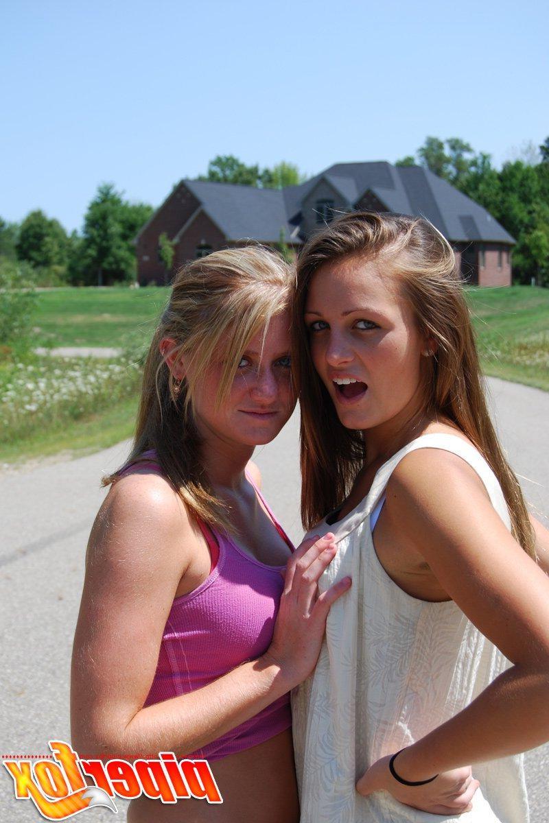 15P Pictures of teen babe Piper Fox and her girlfriend flashing outside