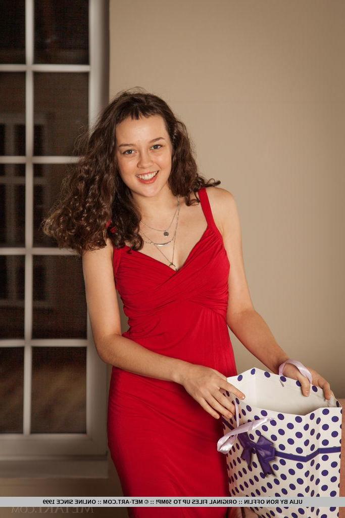 18P Brunette teen Ulia strips out of her dress and stockings in "Gentiq"