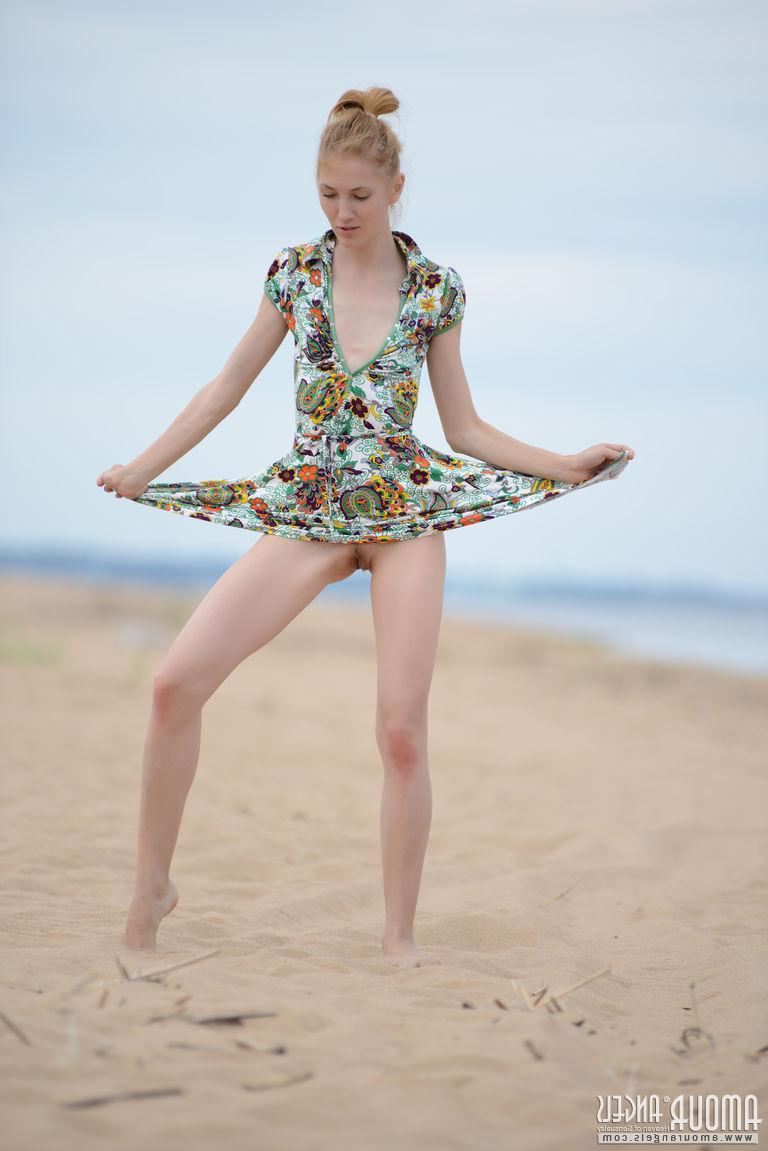 18P Blonde teen Inga shows you what's under her dress outside