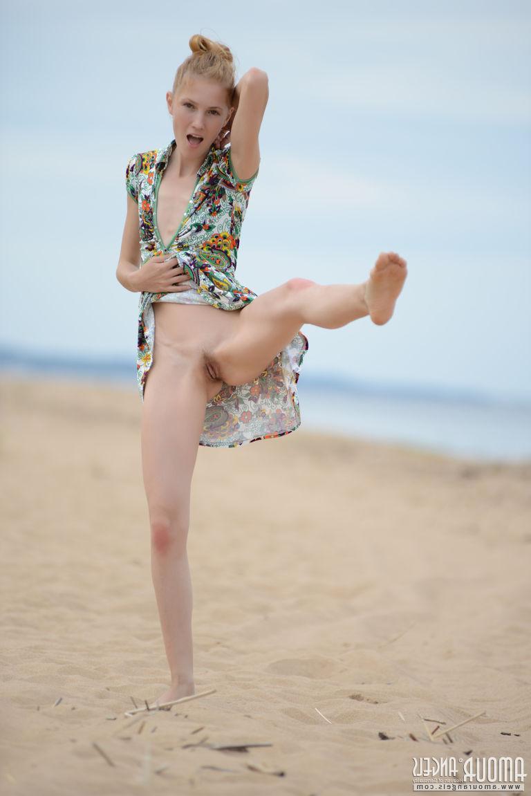 18P Blonde teen Inga shows you what's under her dress outside