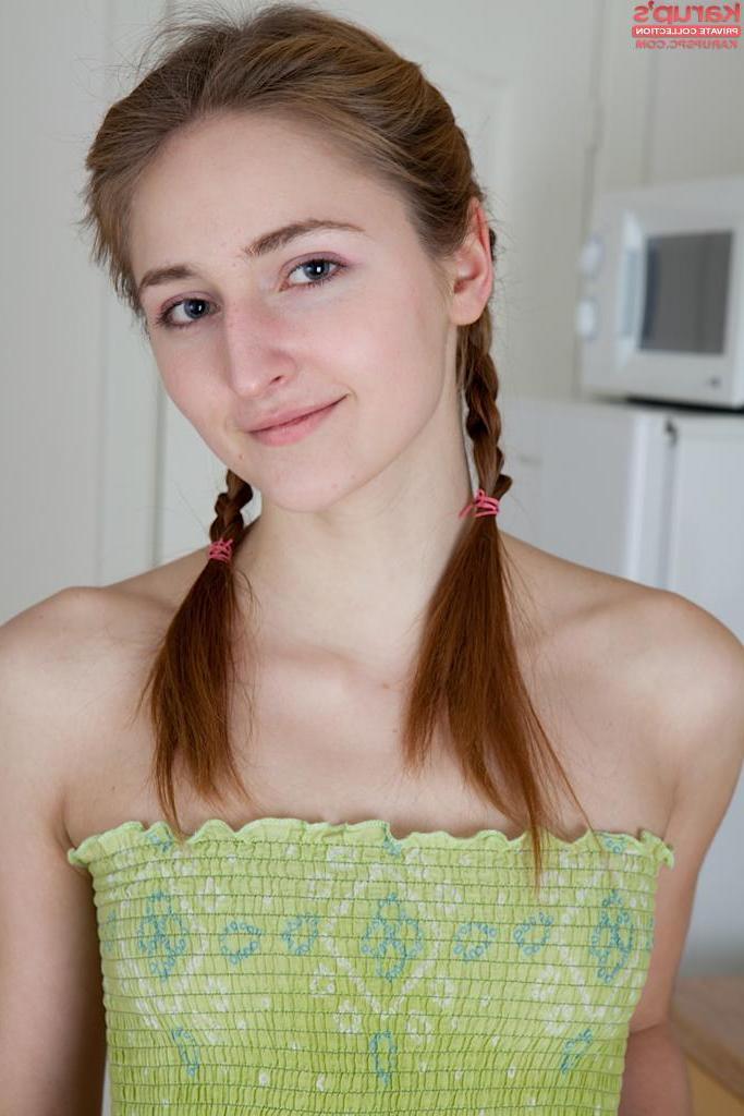 15P Pigtailed teen Dacey finger bangs her hairy pussy