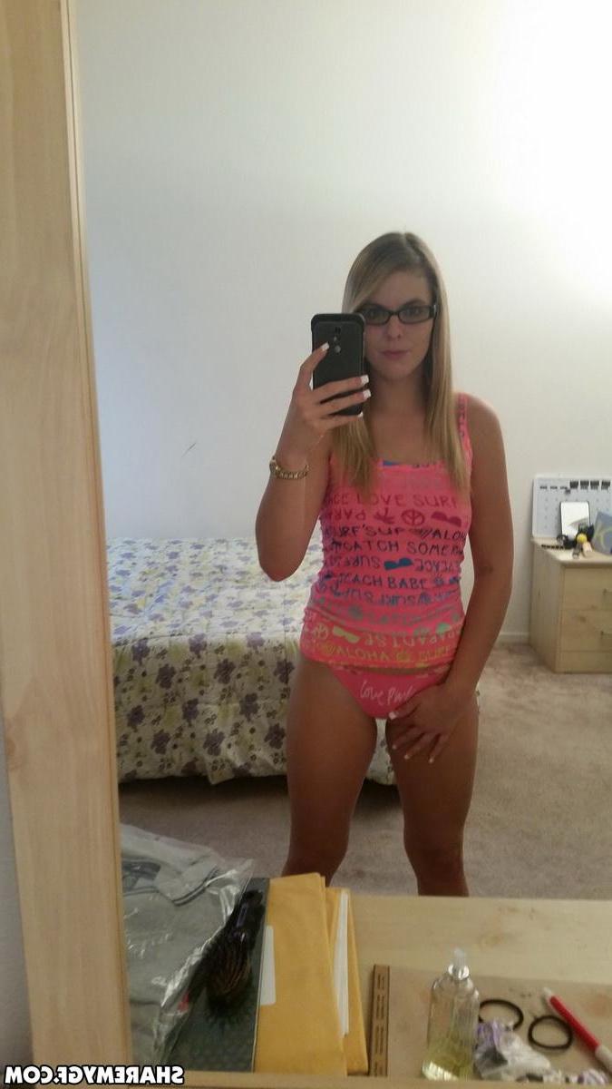 12P Perky girlfriend takes selfshot pictures in bed while spreading her tight pink pussy