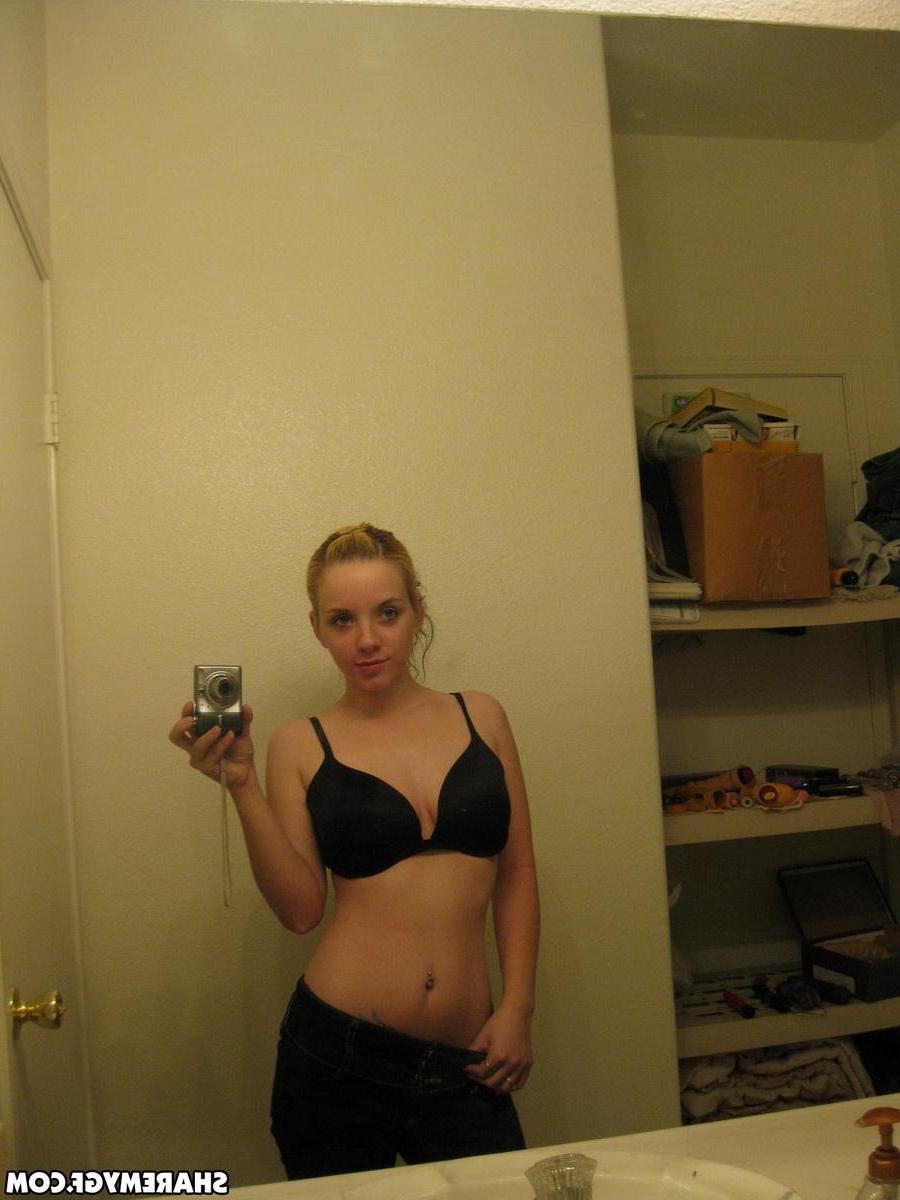 12P Cute blonde gets naked and takes selfshot mirror pictures of her pierced nipples