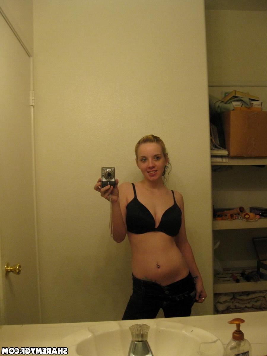 12P Cute blonde gets naked and takes selfshot mirror pictures of her pierced nipples