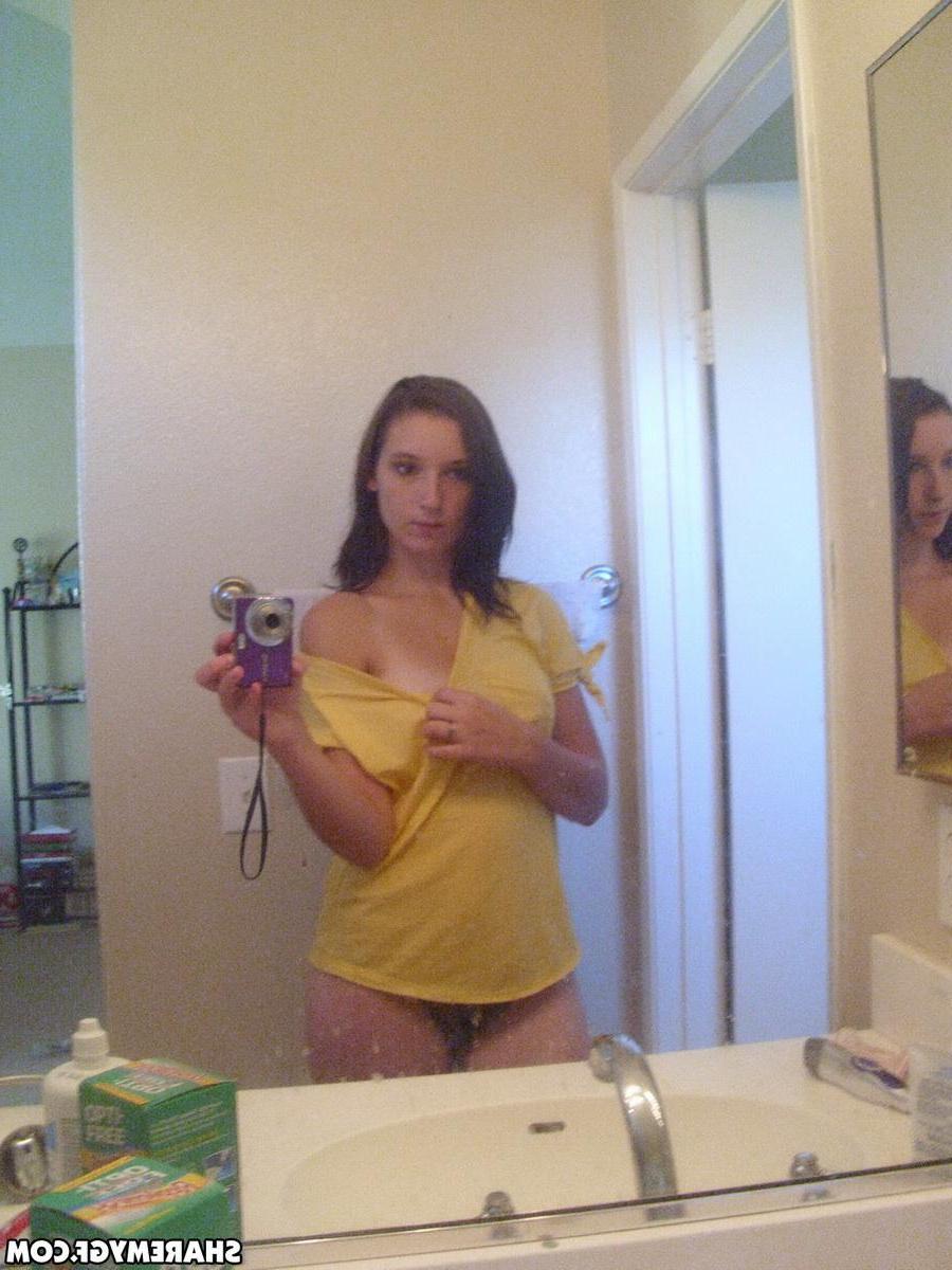 12P Petite girlfriend takes selfshot pictures of her small perky tits in the mirror