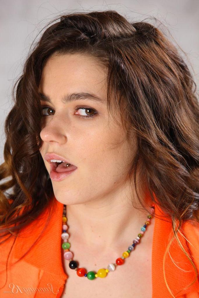 16P Brunette teen Mona strips for you in "Orange Seduction"