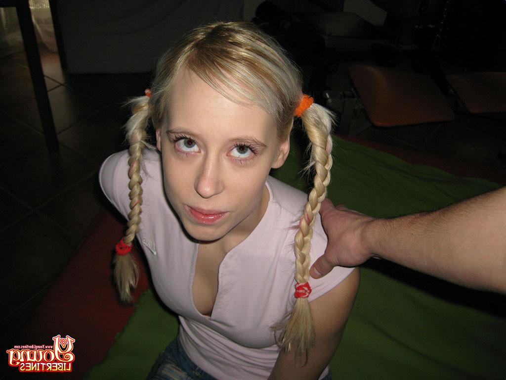 16P Sparkling girl with pigtails gives a head and spreads legs