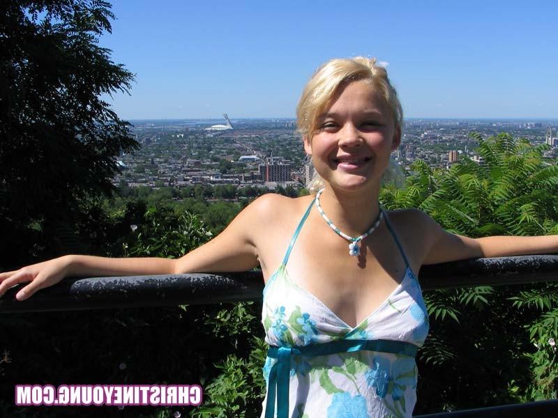 15P Cute blonde sweetie Christine Young posing outdoors for you