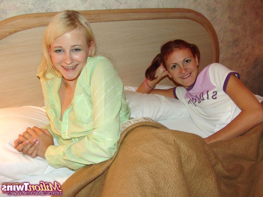 16P Blonde and redhead twins trying lesbian orgy before go to sleep