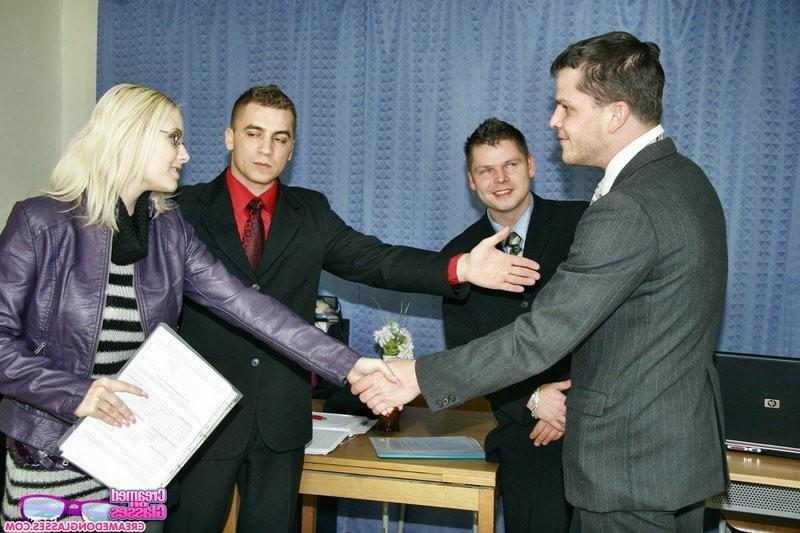 15P Blonde secretary slut gets fucked and spunked by three guys