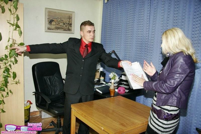 15P Blonde secretary slut gets fucked and spunked by three guys