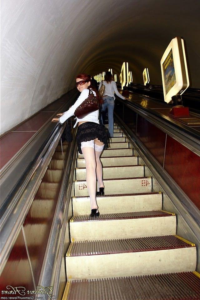 12P Redhead teen in white stockings at a public place