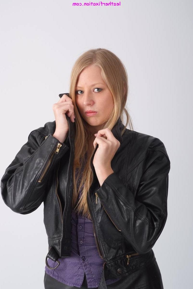 15P Cute blonde Hayley posing in a sexy leather jacket and a lovely 