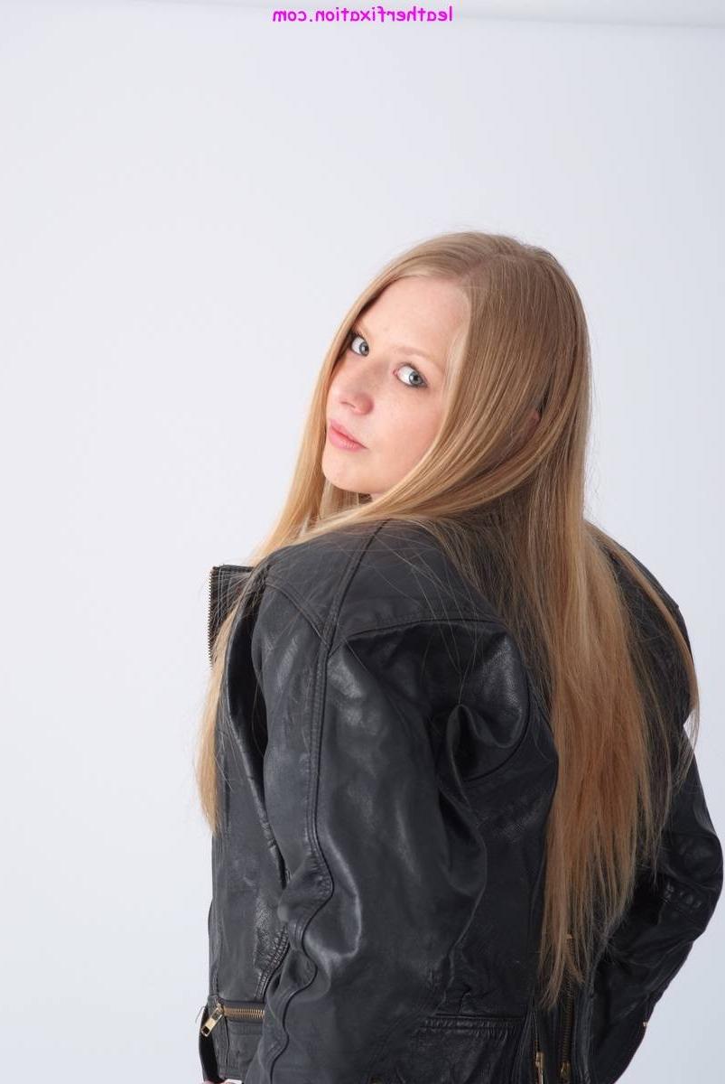 15P Cute blonde Hayley posing in a sexy leather jacket and a lovely 