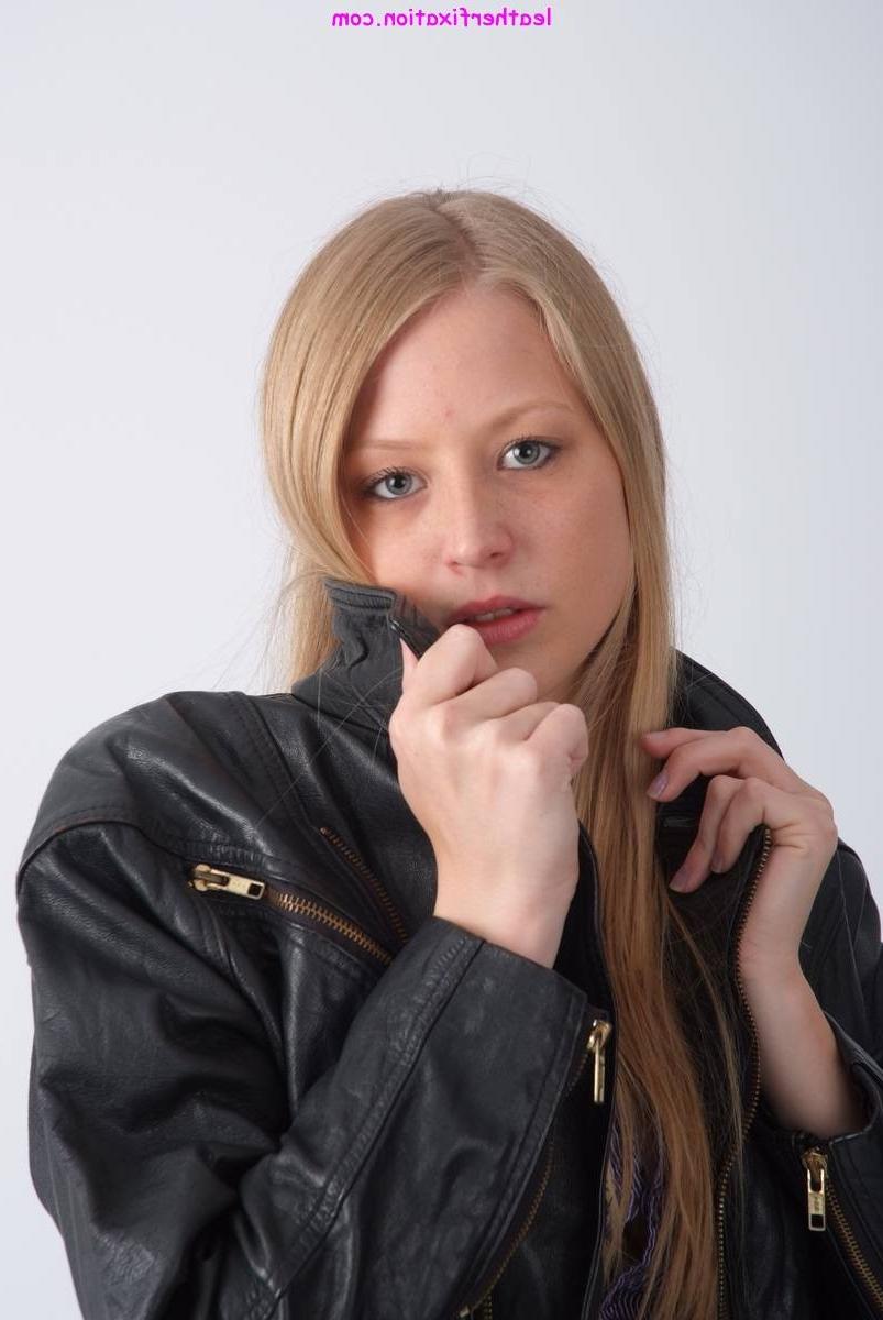 15P Cute blonde Hayley posing in a sexy leather jacket and a lovely 
