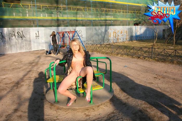 16P Sexy blonde college girl strips for a dirty hobo in the park