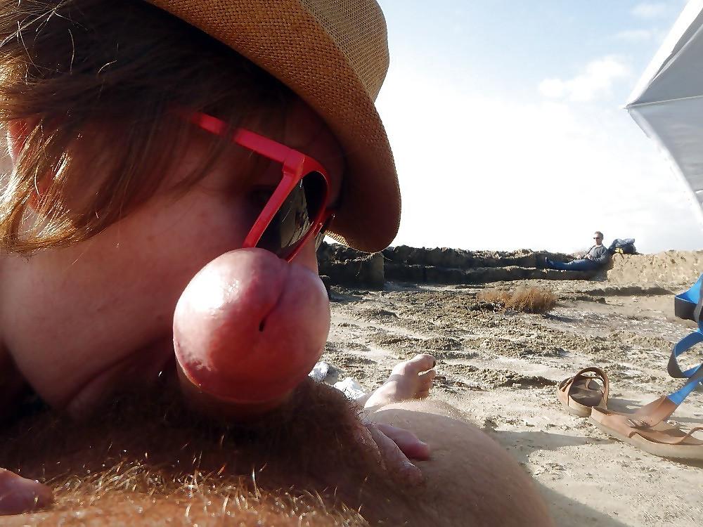 15P Nude beach bunny sucking two cocks in a threesome