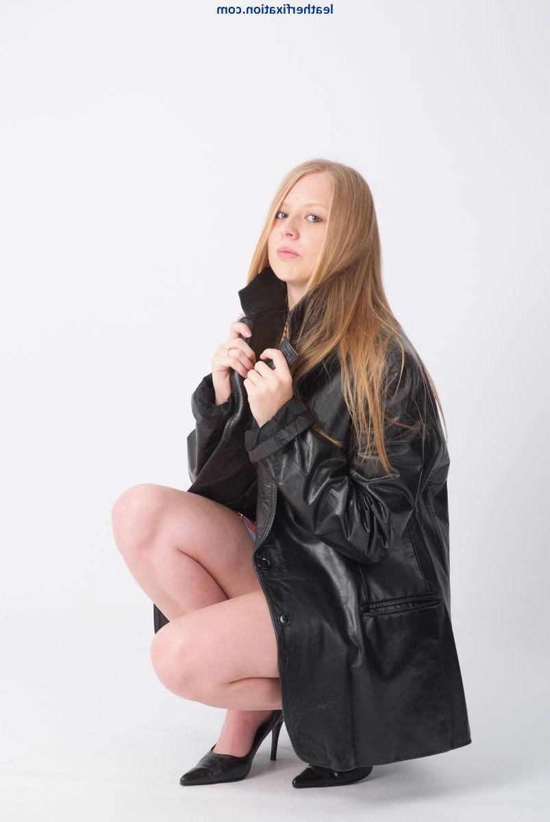 15P Hot blonde schoolgirl showing off in a leather jacket