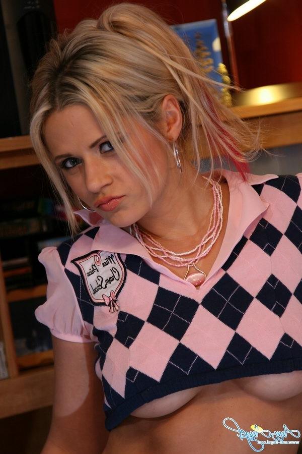 15P Anna Angel busting out of her tight pink schoolgirl outfit
