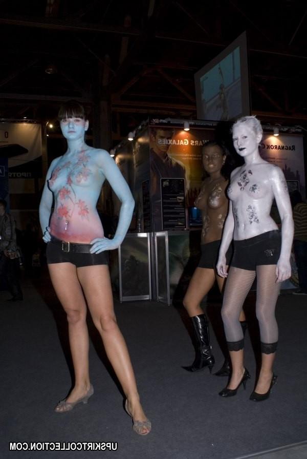 15P Bare titted painted girls wildly dance in small shorts
