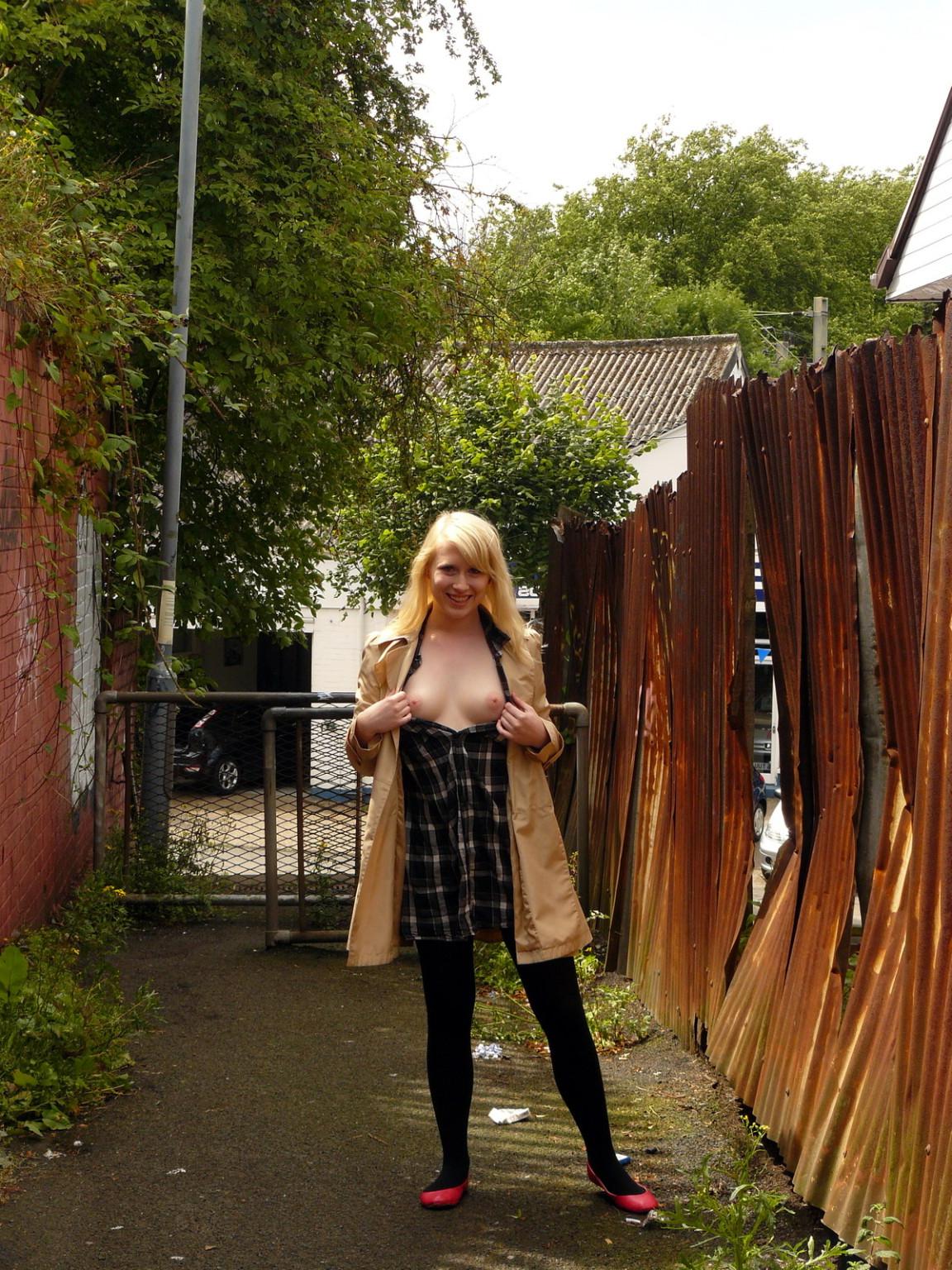 16P Blonde babe Satine Spark flashing and public nudity of English pornstar naked in