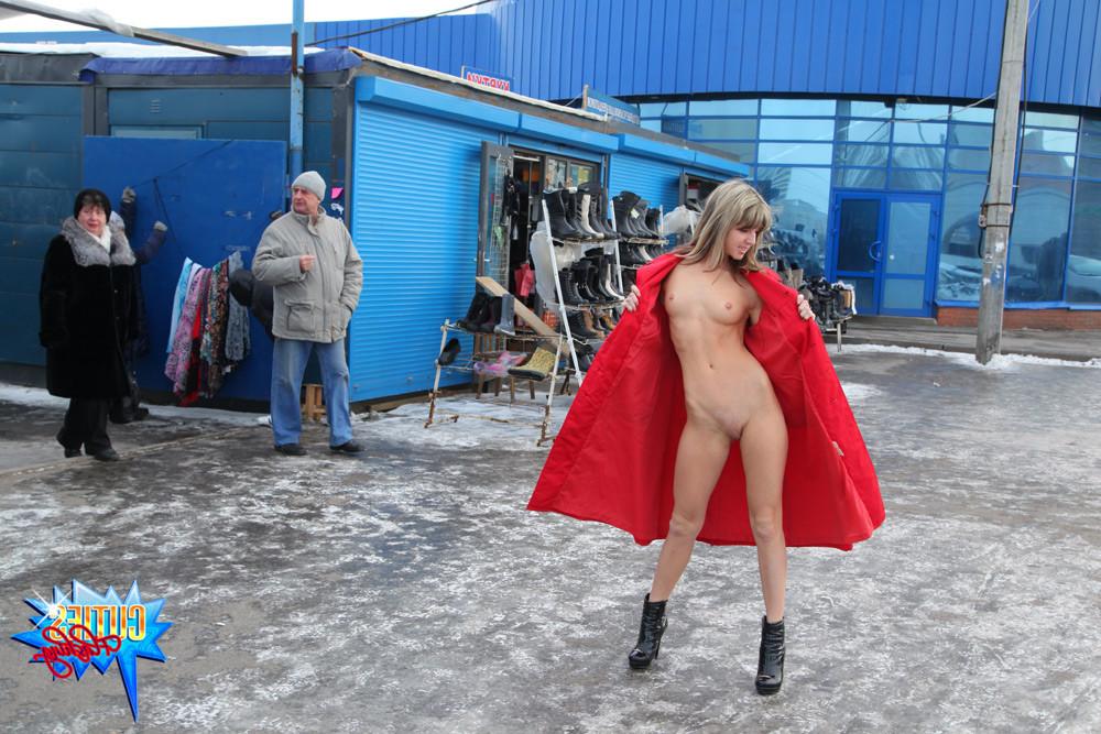 16P Skinny teen shows her body off on a city market