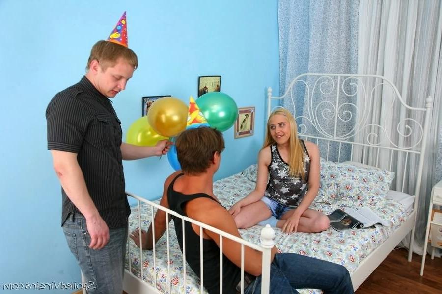 16P Young shy blonde virgin seduced and deflorated by two lucky guys