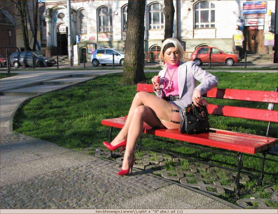 12P Amateur Ewe in tan stockings posing in public