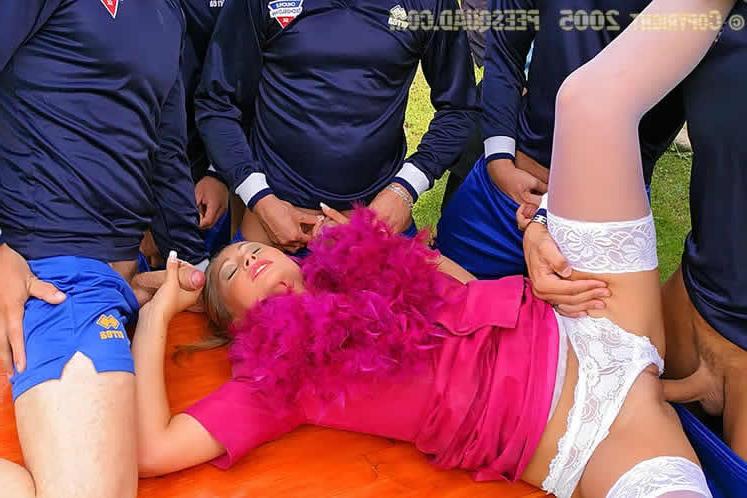 15P blonde babe gets gangbanged by soccer team and then pissed on
