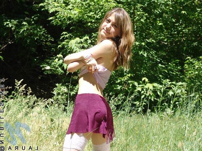 17P Petite coed in stockings strips nude outdoors