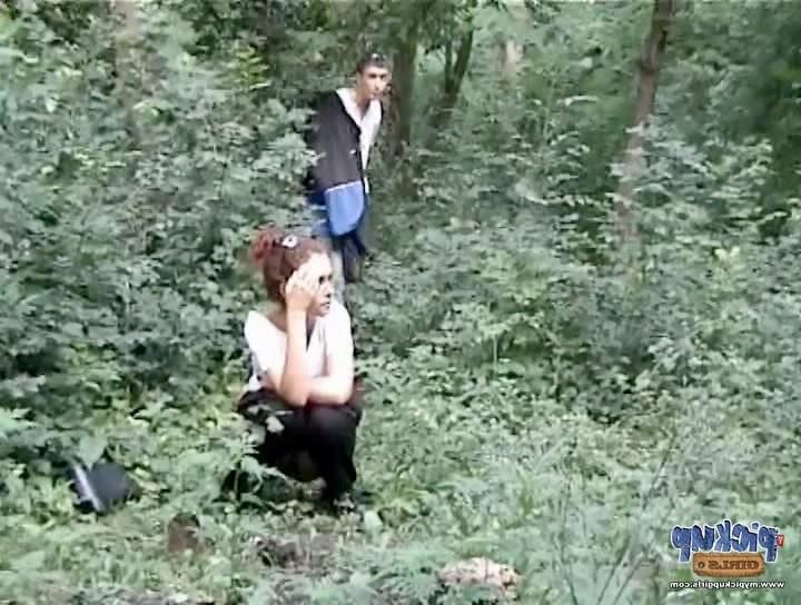 8P Red girl has a hardcore in the wood with two guys