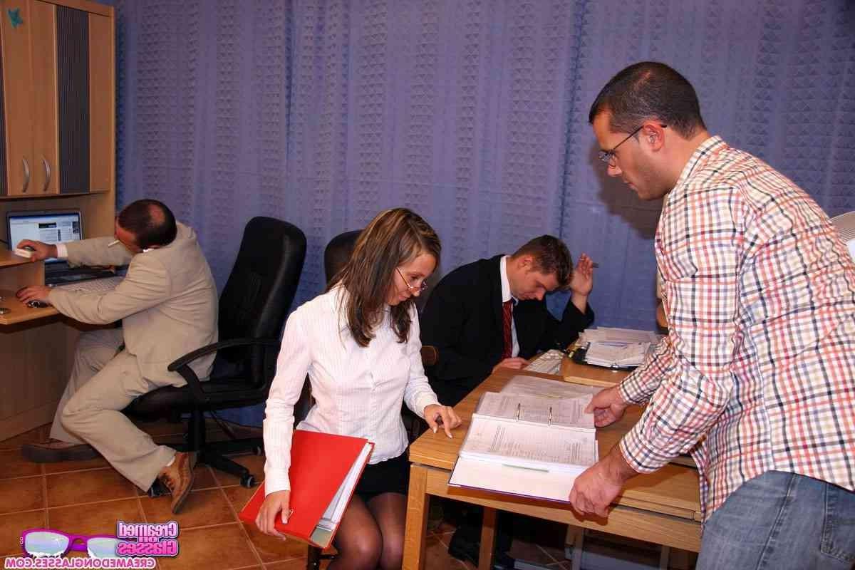 14P Slut takes on three cocks in the office