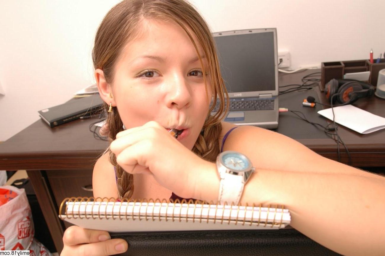 16P Pretty schoolgirl with pigtails strips uniform