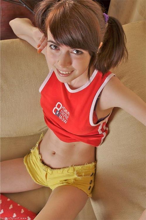 16P Cute skinny pigtailed brunette coed showing her petite pinkhole
