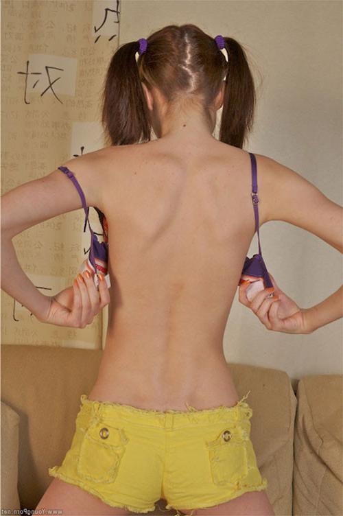 16P Cute skinny pigtailed brunette coed showing her petite pinkhole