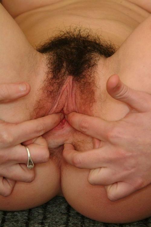 15P Brunette babe shows hairy pussy