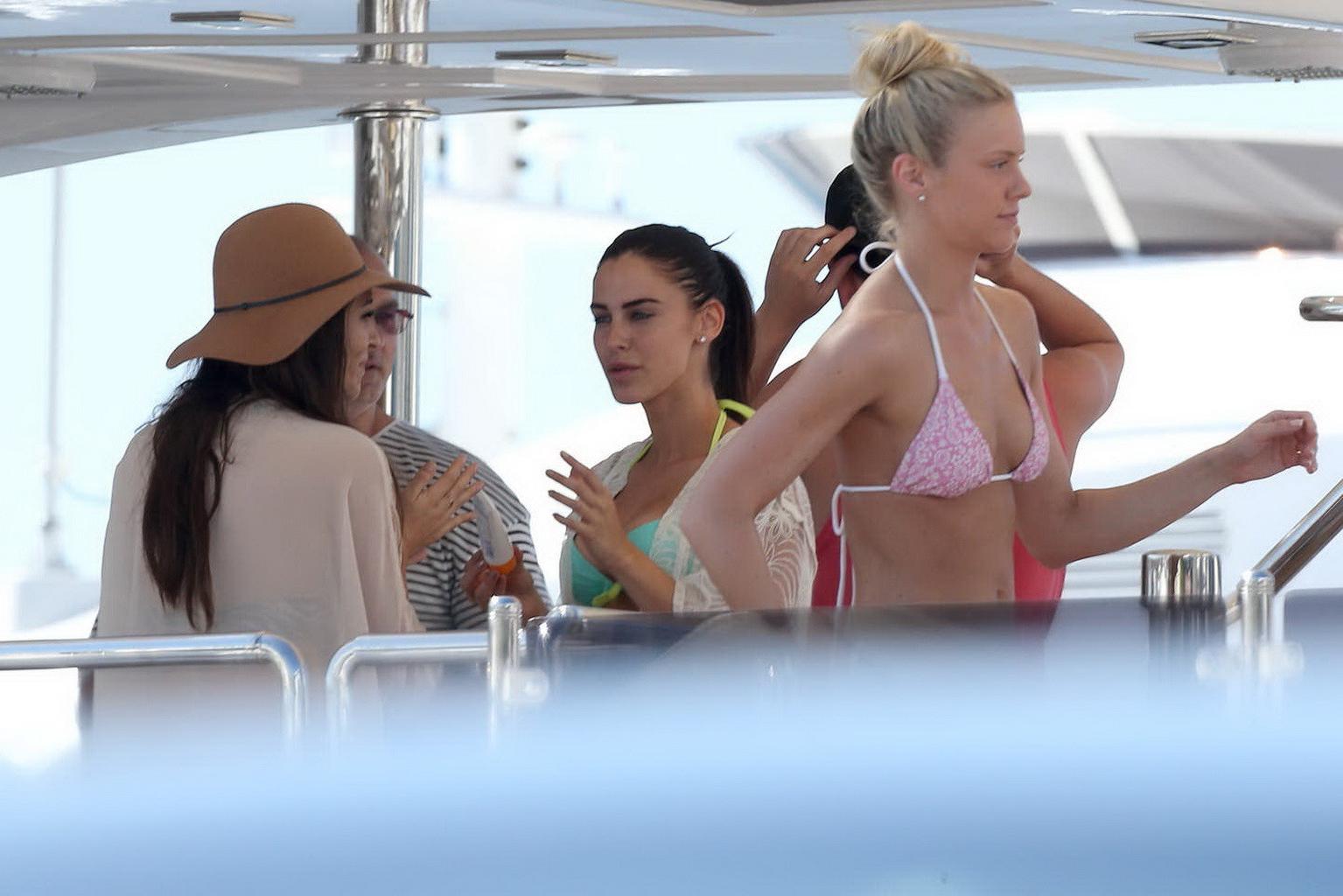 16P Jessica Lowndes busty wearing skimpy bikini top at the yacht in Cannes